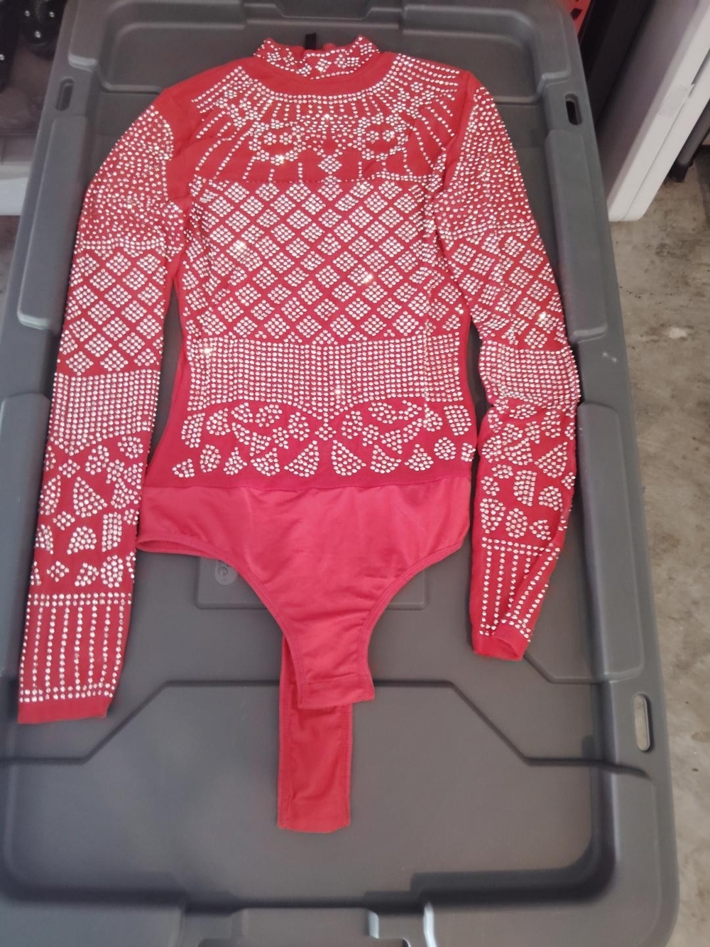 Red Rhinestone Long Sleeve Bodysuit - Picture 3 of 3